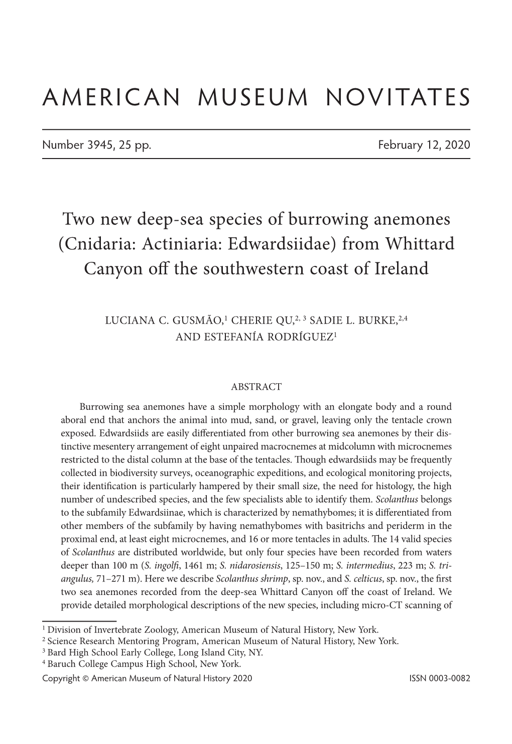 Two New Deep-Sea Species of Burrowing Anemones (Cnidaria: Actiniaria: Edwardsiidae) from Whittard Canyon Off the Southwestern Coast of Ireland