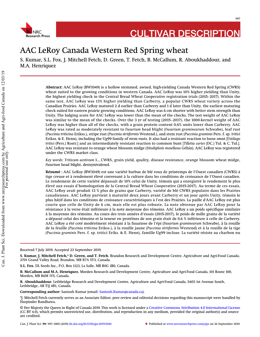 AAC Leroy Canada Western Red Spring Wheat S