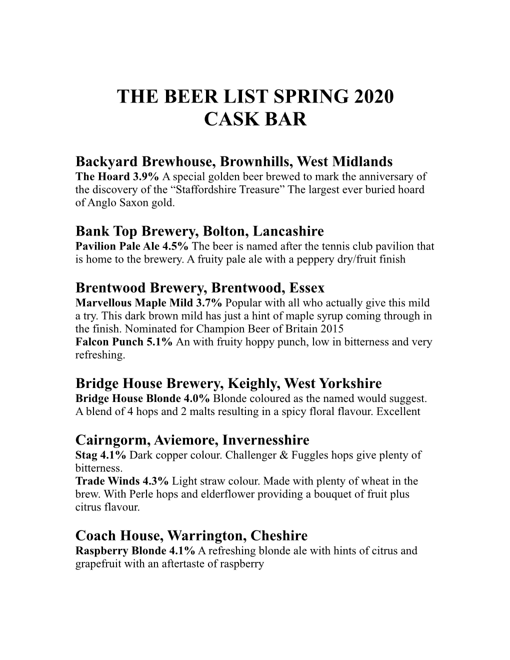 The Beer List Spring 2020 Cask Bar