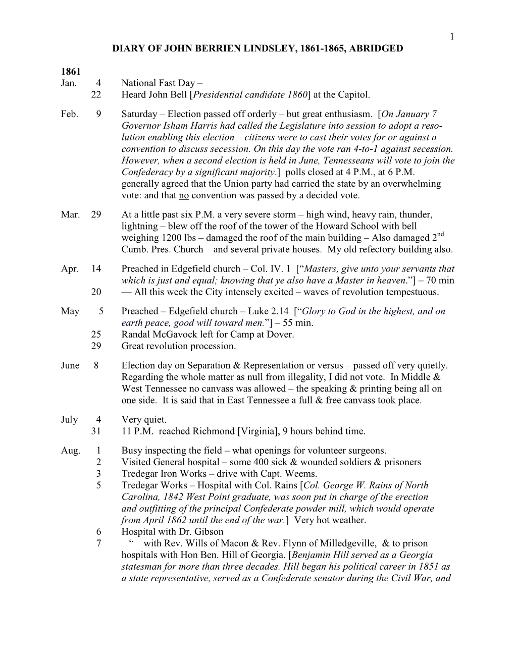 Diary of John Berrien Lindsley, 1861-1865, Abridged