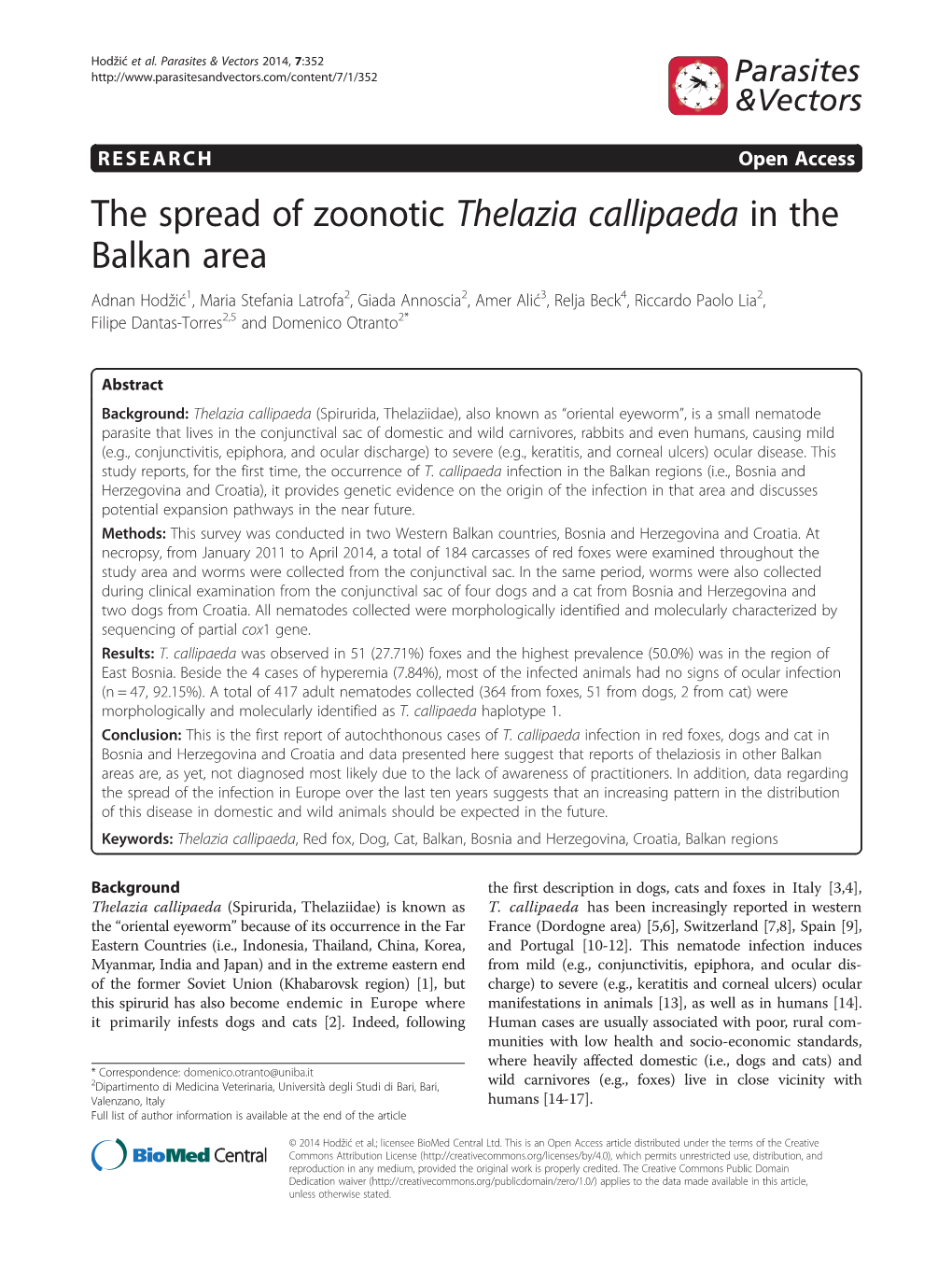 The Spread of Zoonotic Thelazia Callipaeda in the Balkan Area