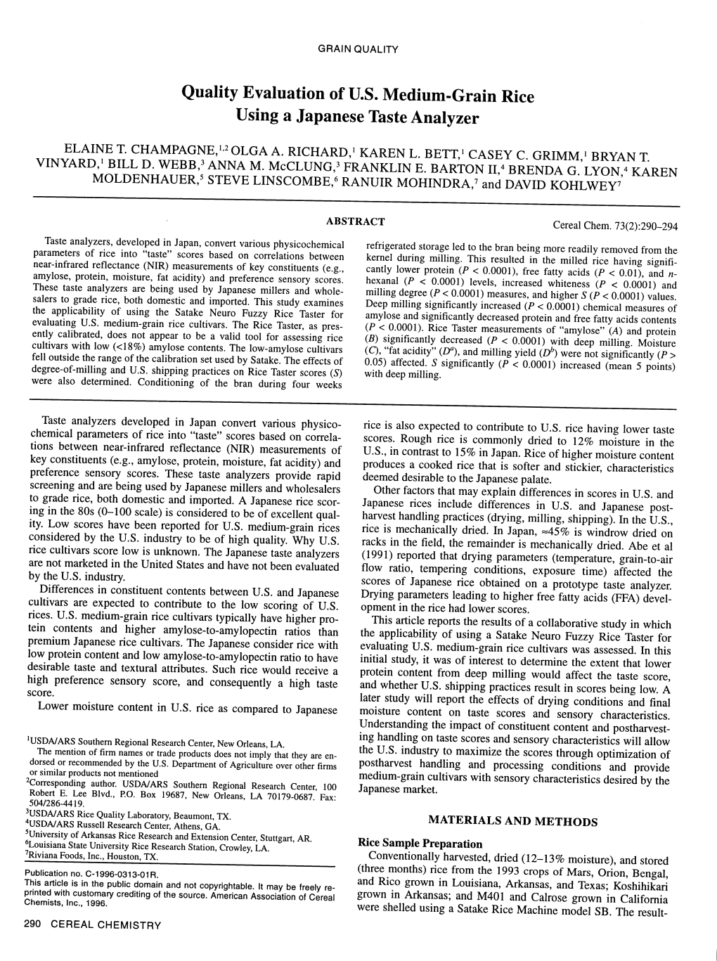 Quality Evaluation of U.S. Medium-Grain Rice Using a Japanese Taste Analyzer