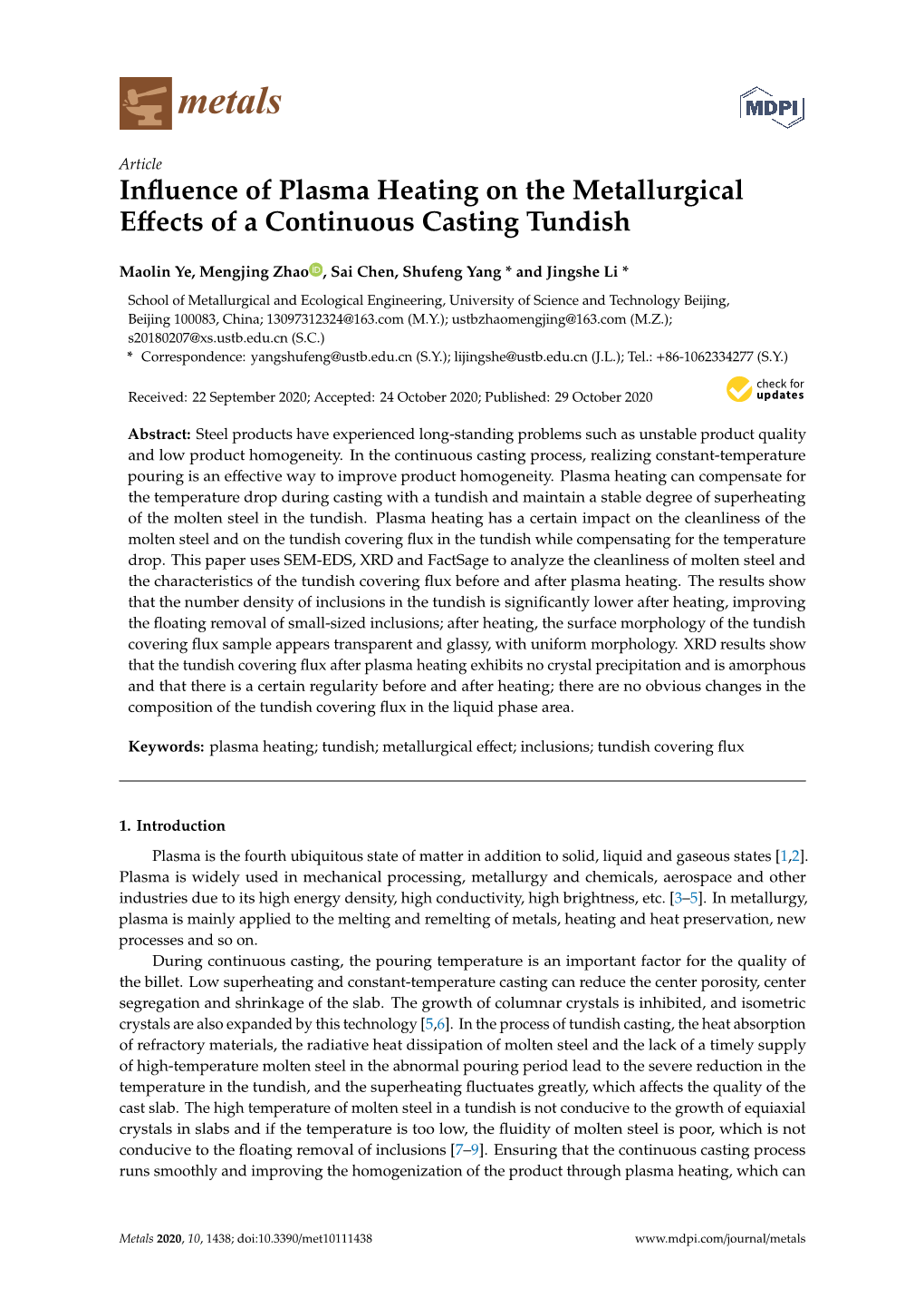 Influence of Plasma Heating on the Metallurgical Effects of a Continuous Casting Tundish