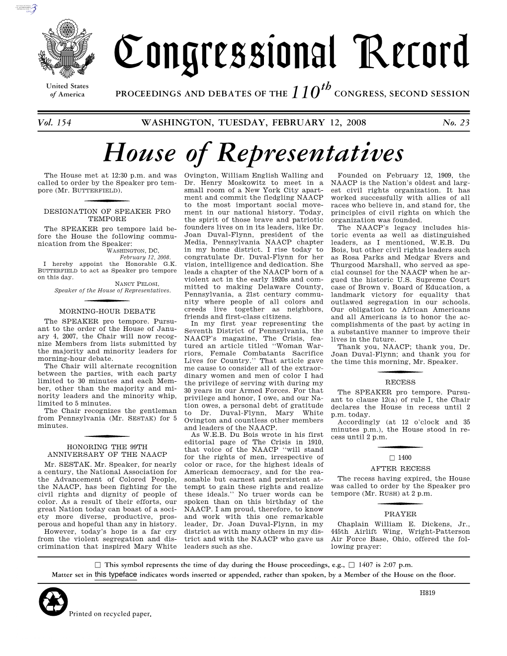 Congressional Record United States Th of America PROCEEDINGS and DEBATES of the 110 CONGRESS, SECOND SESSION