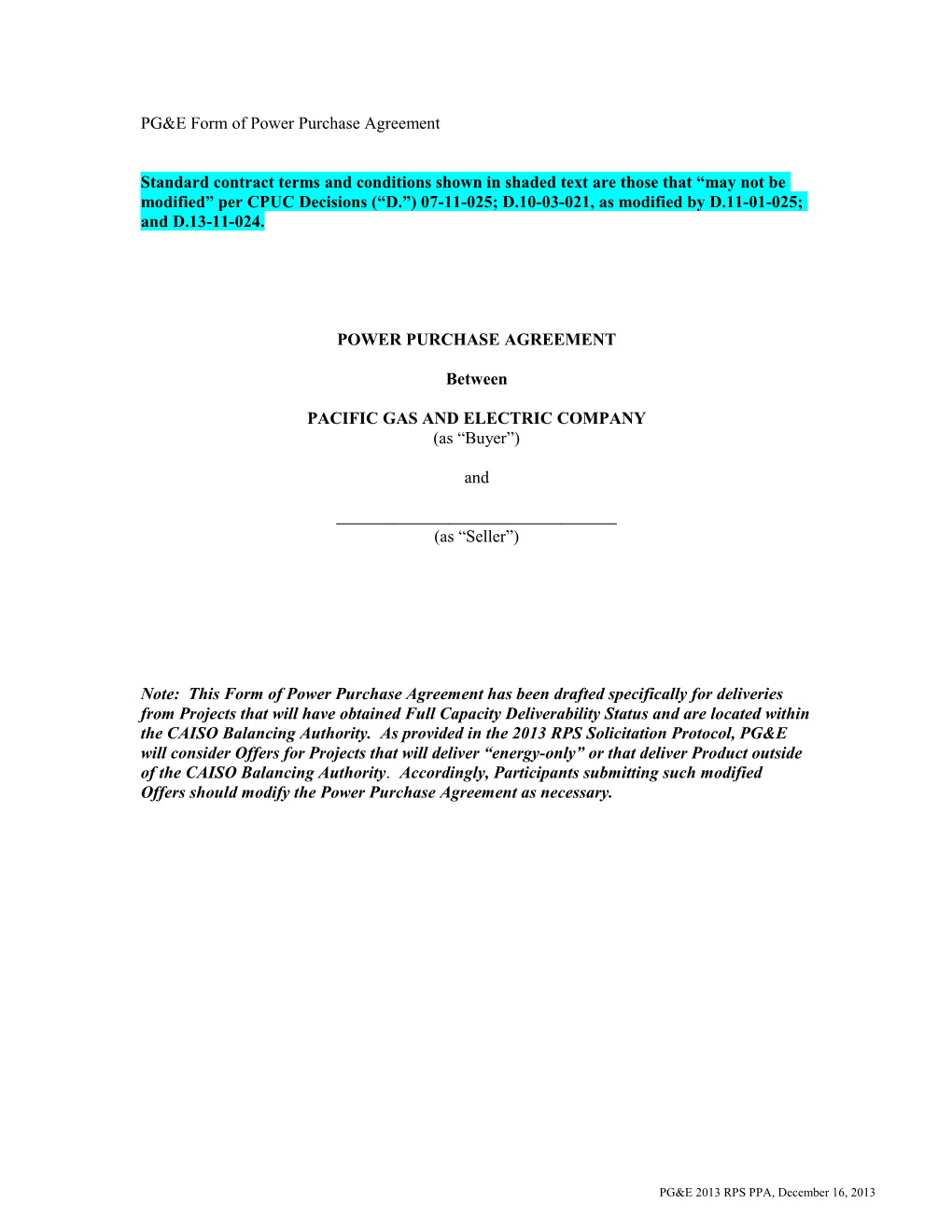 PG&E Form of Power Purchase Agreement