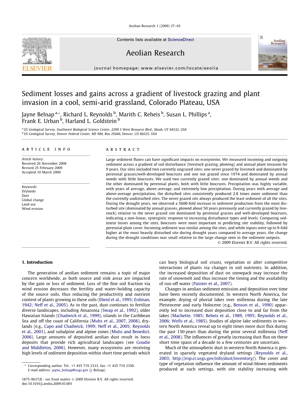 Sediment Losses and Gains Across a Gradient of Livestock Grazing and Plant Invasion in a Cool, Semi-Arid Grassland, Colorado Plateau, USA