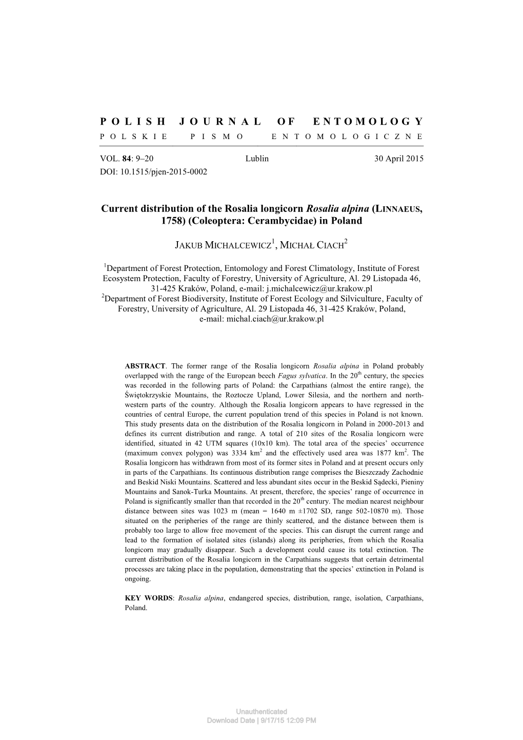 POLISHJOURNAL of ENTOMOLOG Y Current Distribution of the Rosalia