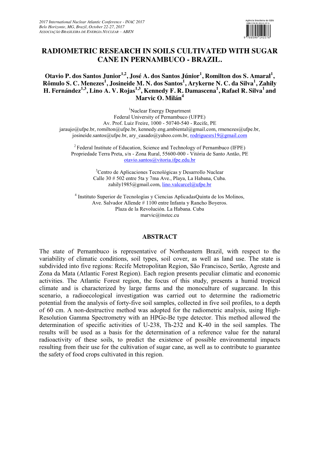 Radiometric Research in Soils Cultivated with Sugar Cane in Pernambuco - Brazil