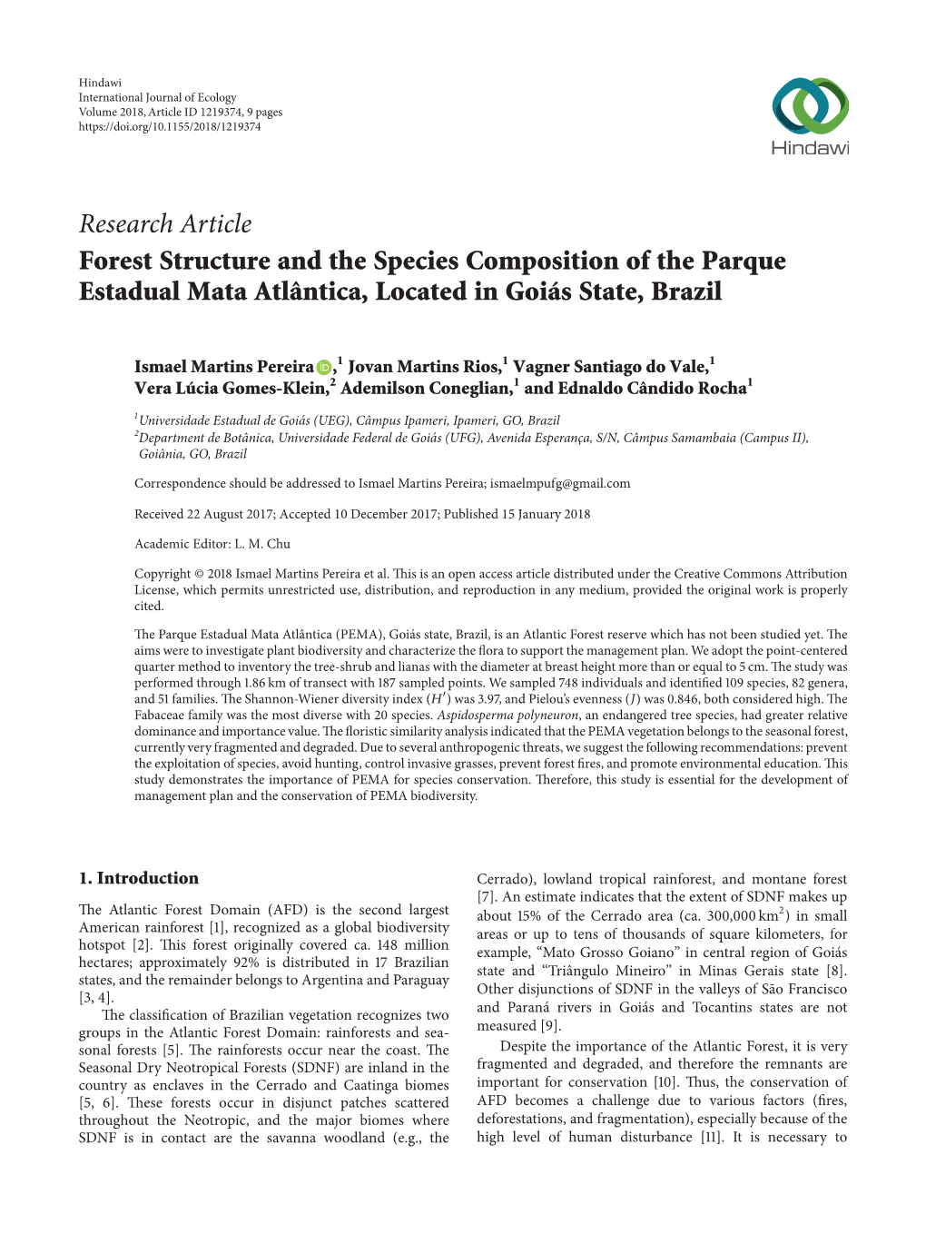 Forest Structure and the Species Composition of the Parque Estadual Mata Atlântica, Located in Goiás State, Brazil