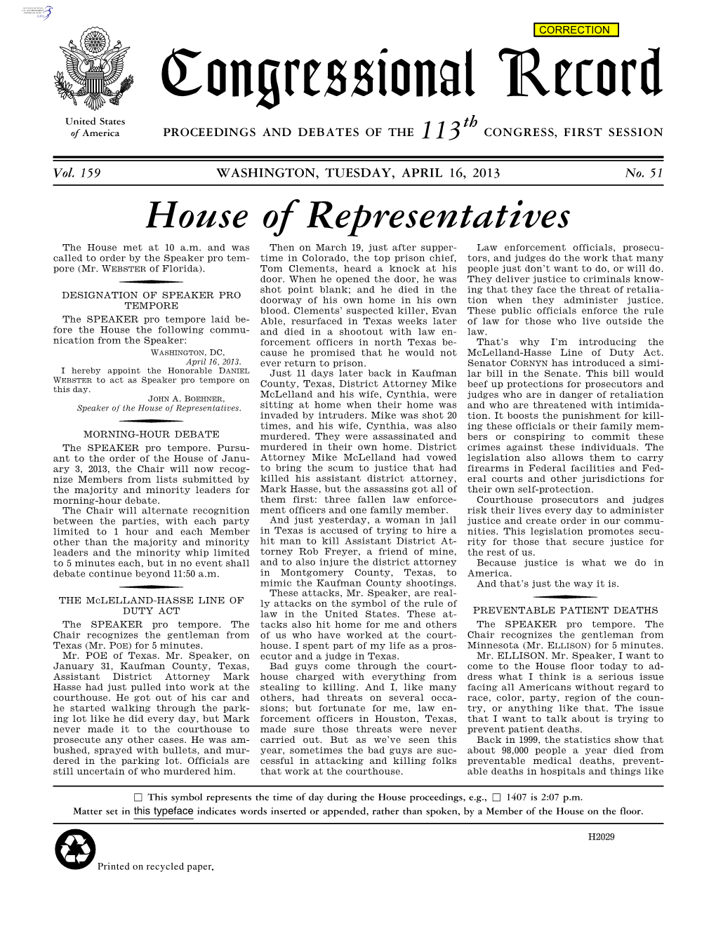 Congressional Record United States Th of America PROCEEDINGS and DEBATES of the 113 CONGRESS, FIRST SESSION