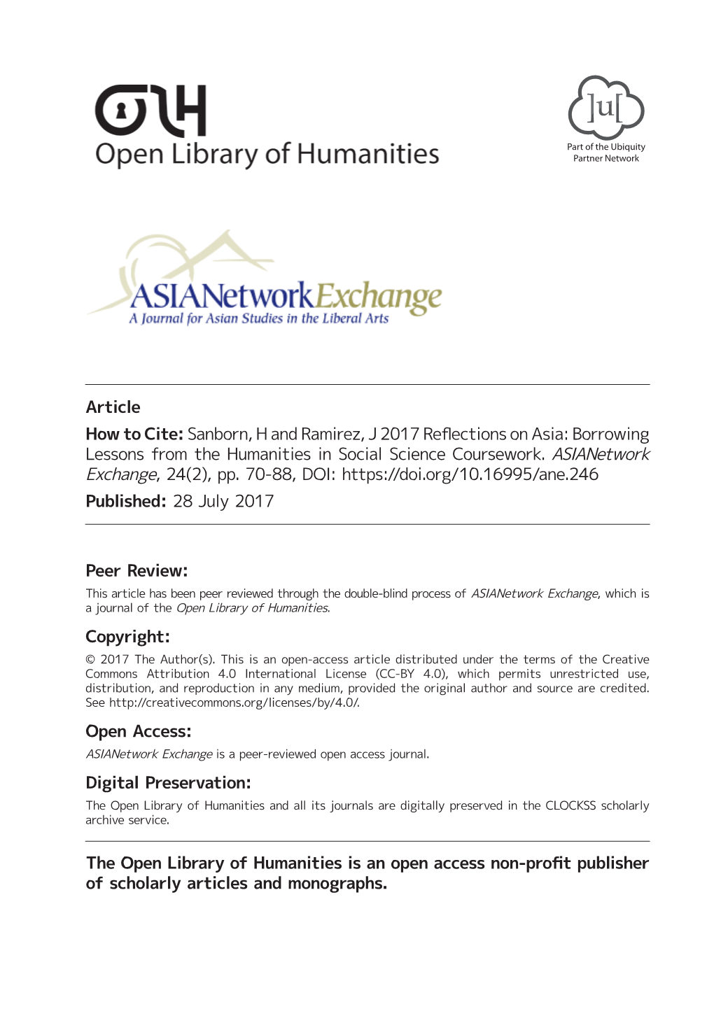 Reflections on Asia: Borrowing Lessons from the Humanities in Social Science Coursework’ (2017) 24(2), Pp