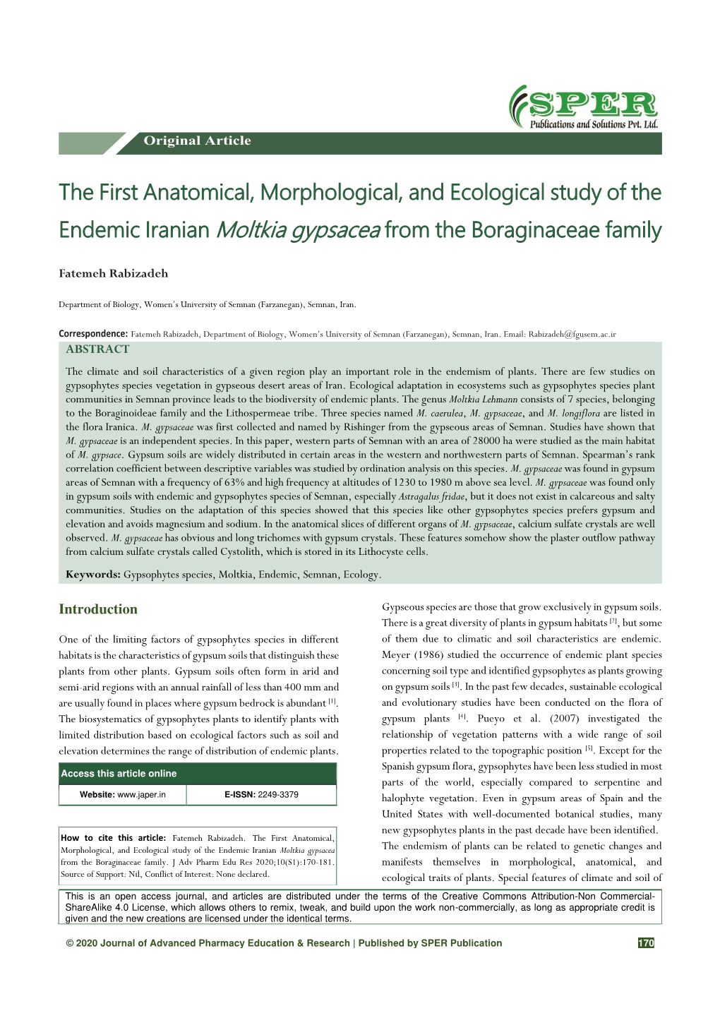 The First Anatomical, Morphological, and Ecological Study of the Endemic Iranian Moltkia Gypsacea from the Boraginaceae Family