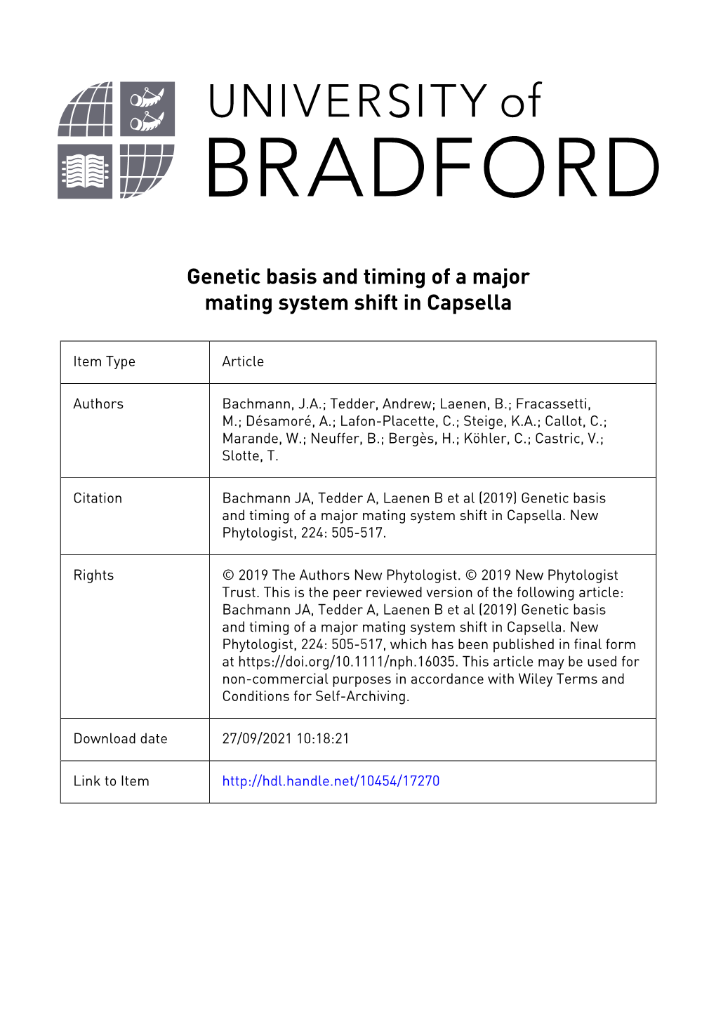 Genetic Basis and Timing of a Major Mating System Shift in Capsella