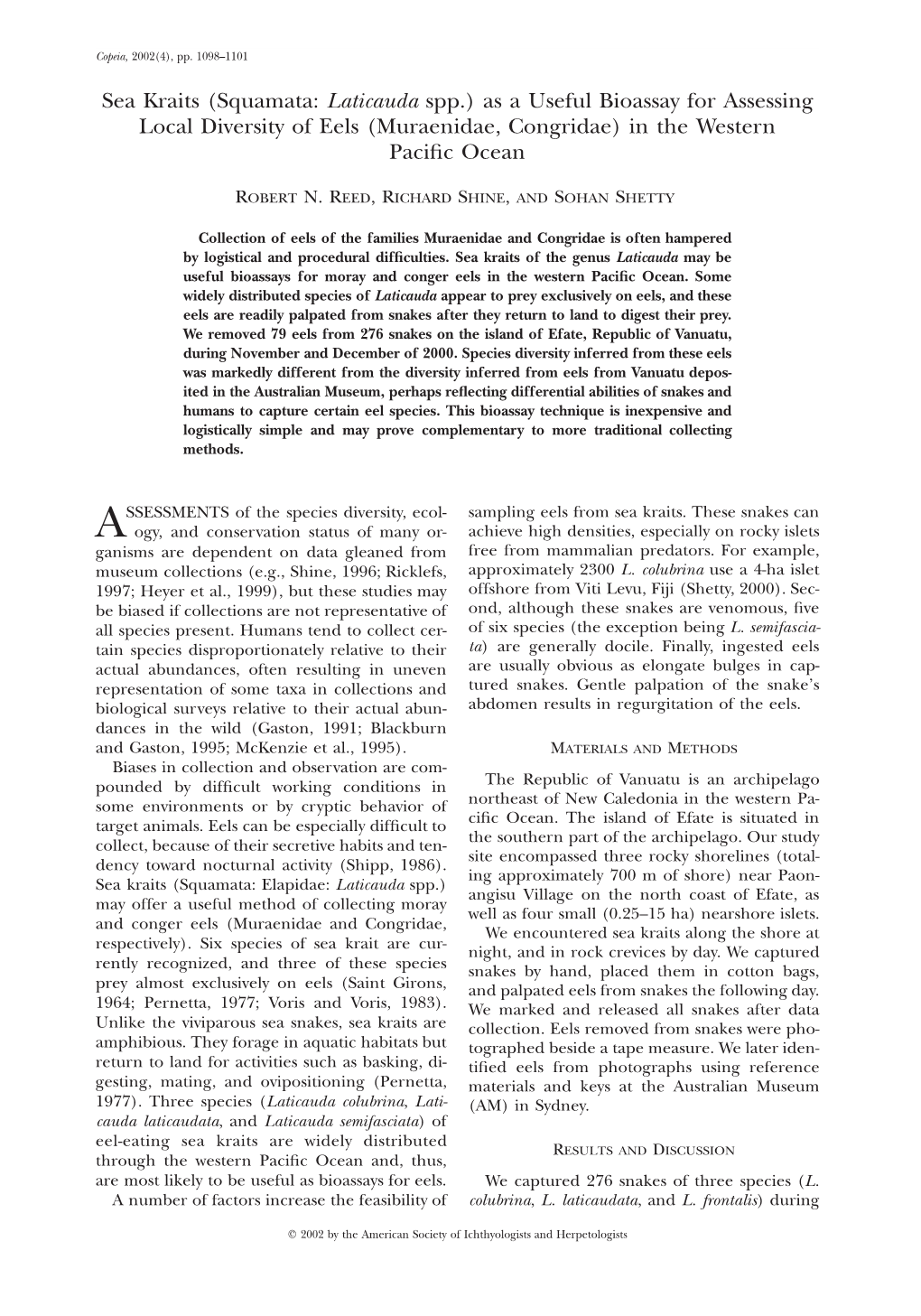 Sea Kraits (Squamata: Laticauda Spp.) As a Useful Bioassay for Assessing Local Diversity of Eels (Muraenidae, Congridae) in the Western Paciﬁc Ocean