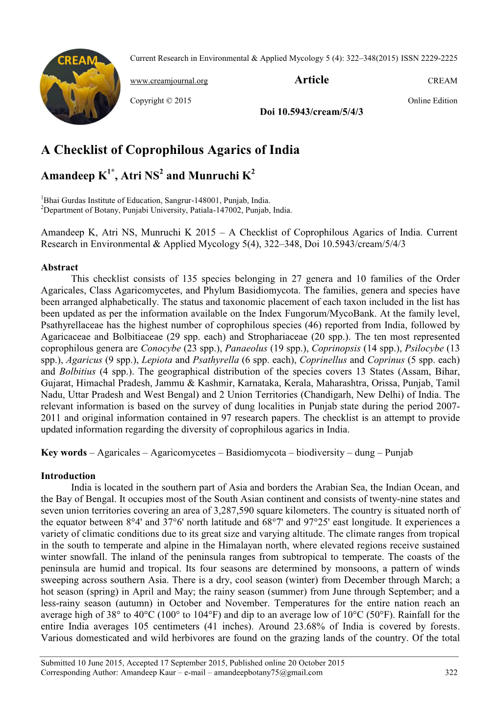 A Checklist of Coprophilous Agarics of India