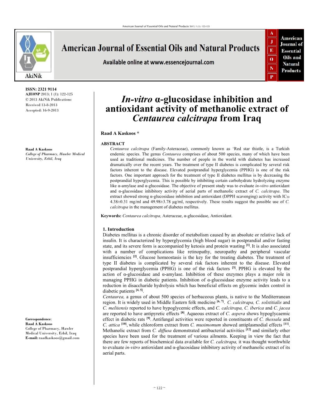 In-Vitro Α-Glucosidase Inhibition and Antioxidant Activity of Methanolic Extract of Centaurea Calcitrapa from Iraq