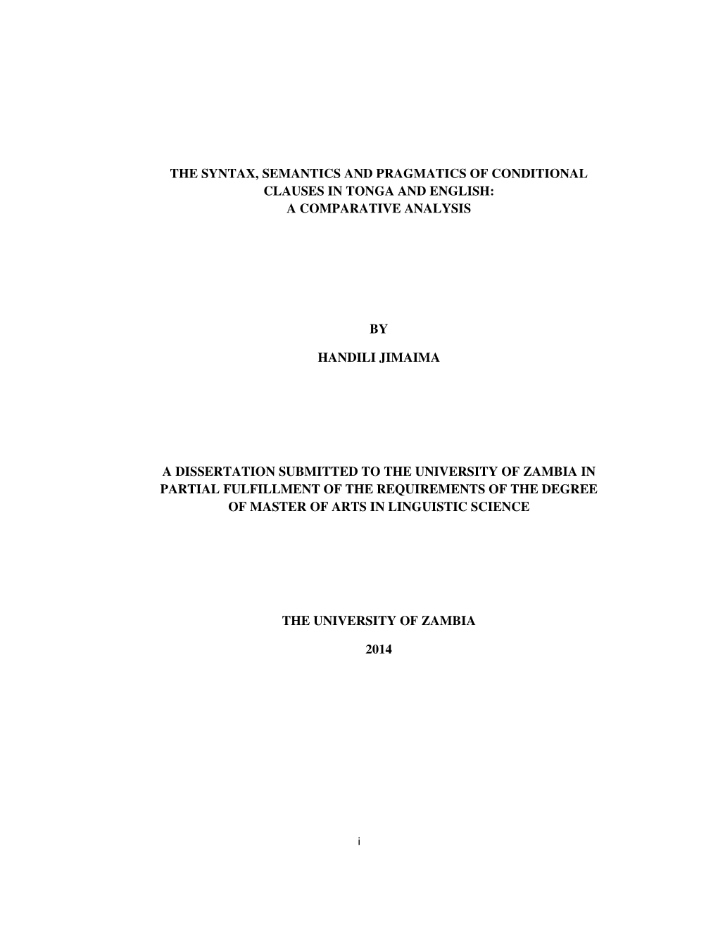 The Syntax, Semantics and Pragmatics of Conditional Clauses in Tonga and English: a Comparative Analysis