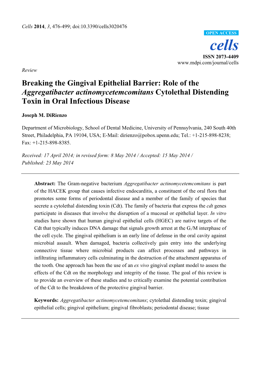 Breaking the Gingival Epithelial Barrier: Role of the Aggregatibacter Actinomycetemcomitans Cytolethal Distending Toxin in Oral Infectious Disease