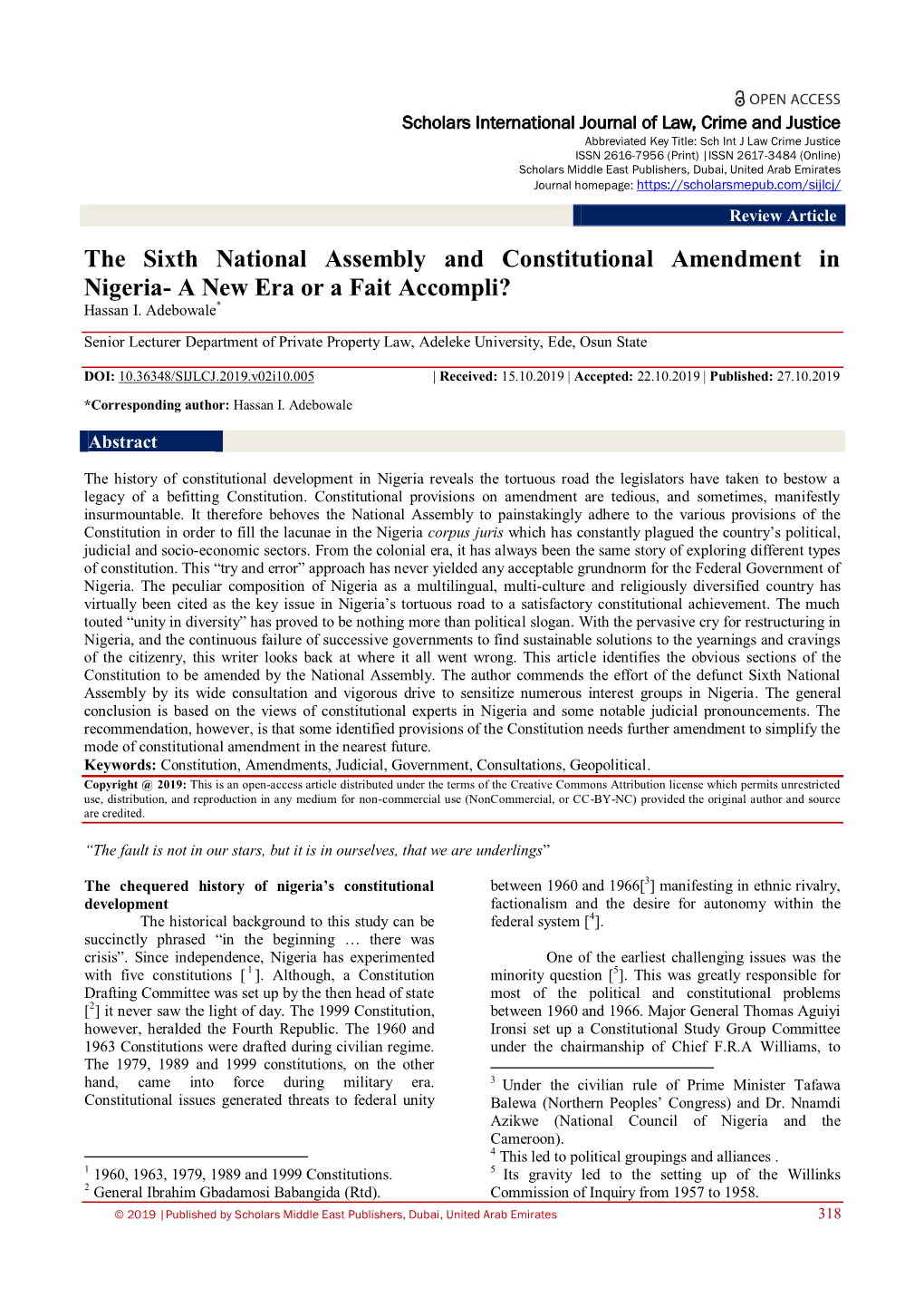 The Sixth National Assembly and Constitutional Amendment in Nigeria- a New Era Or a Fait Accompli? Hassan I