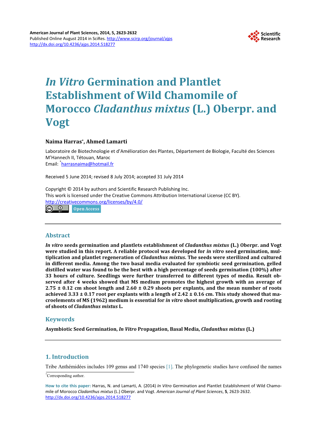 In Vitro Germination and Plantletestablishment of Wild