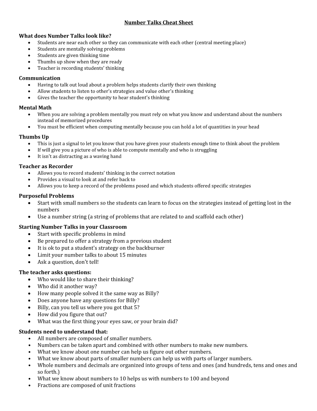 Number Talks Cheat Sheet