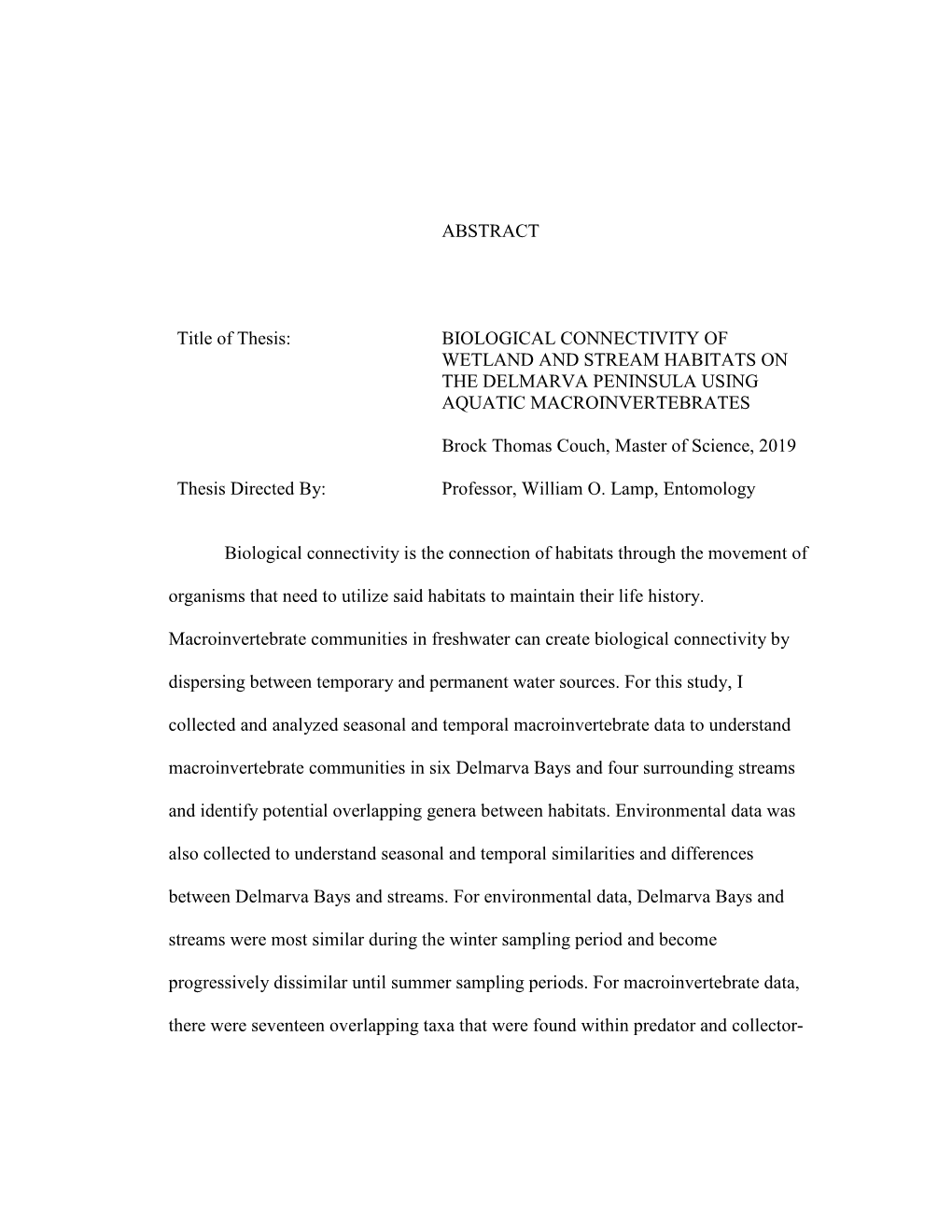 Biological Connectivity of Wetland and Stream Habitats on the Delmarva Peninsula Using Aquatic Macroinvertebrates