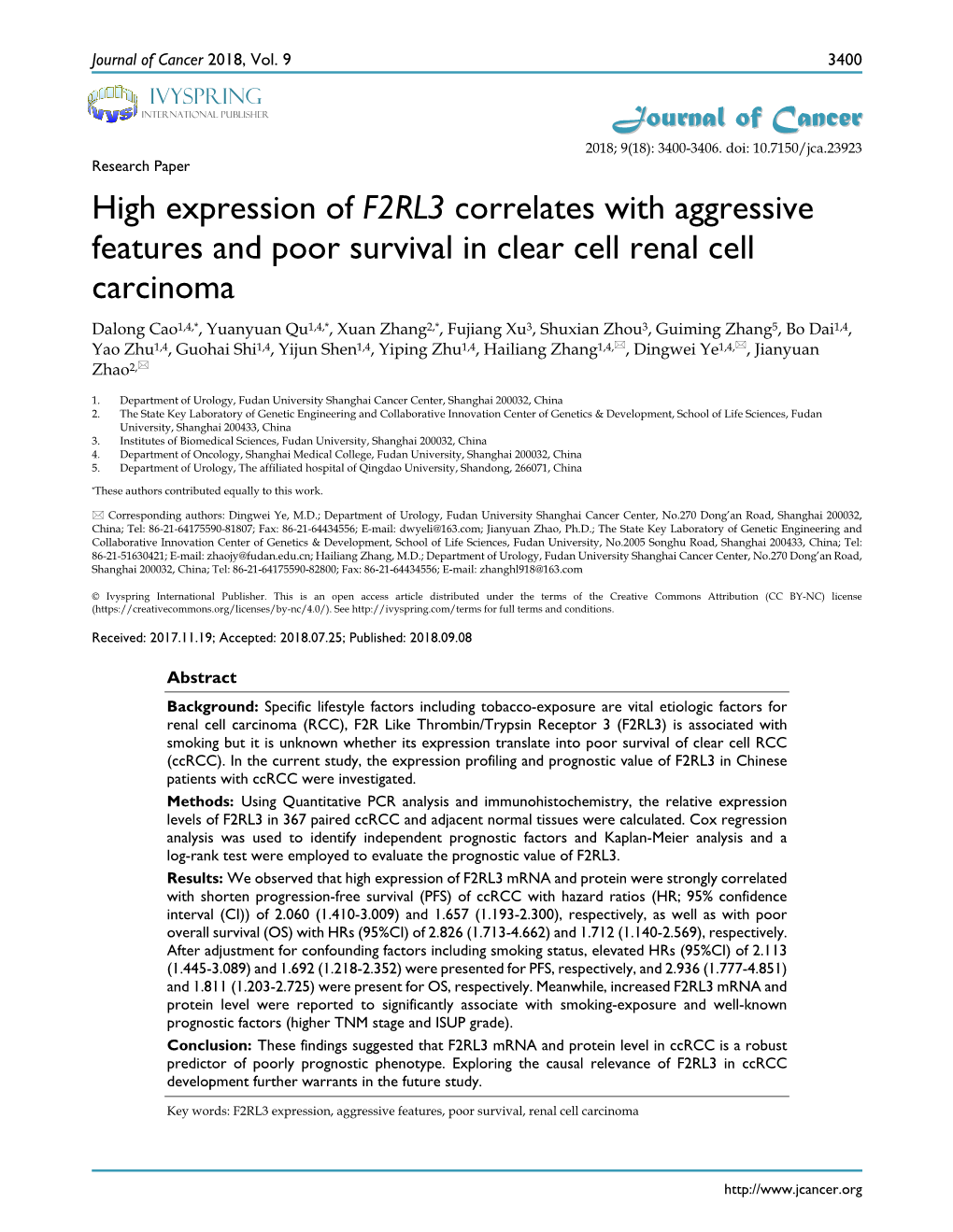 High Expression of F2RL3 Correlates with Aggressive Features and Poor Survival in Clear Cell Renal Cell Carcinoma