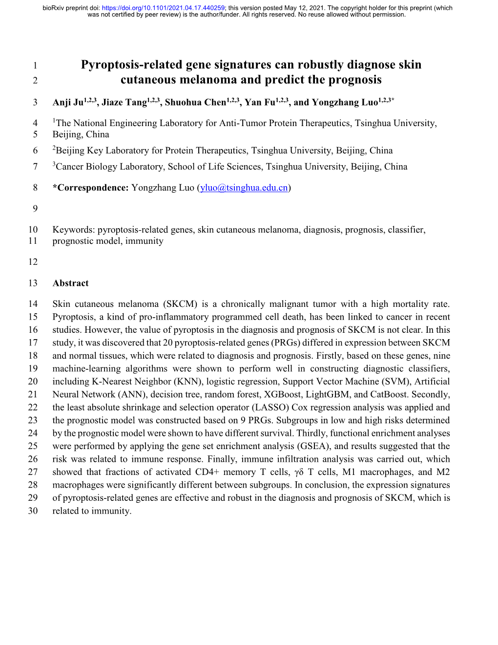 Pyroptosis-Related Gene Signatures Can Robustly Diagnose Skin 2 Cutaneous Melanoma and Predict the Prognosis