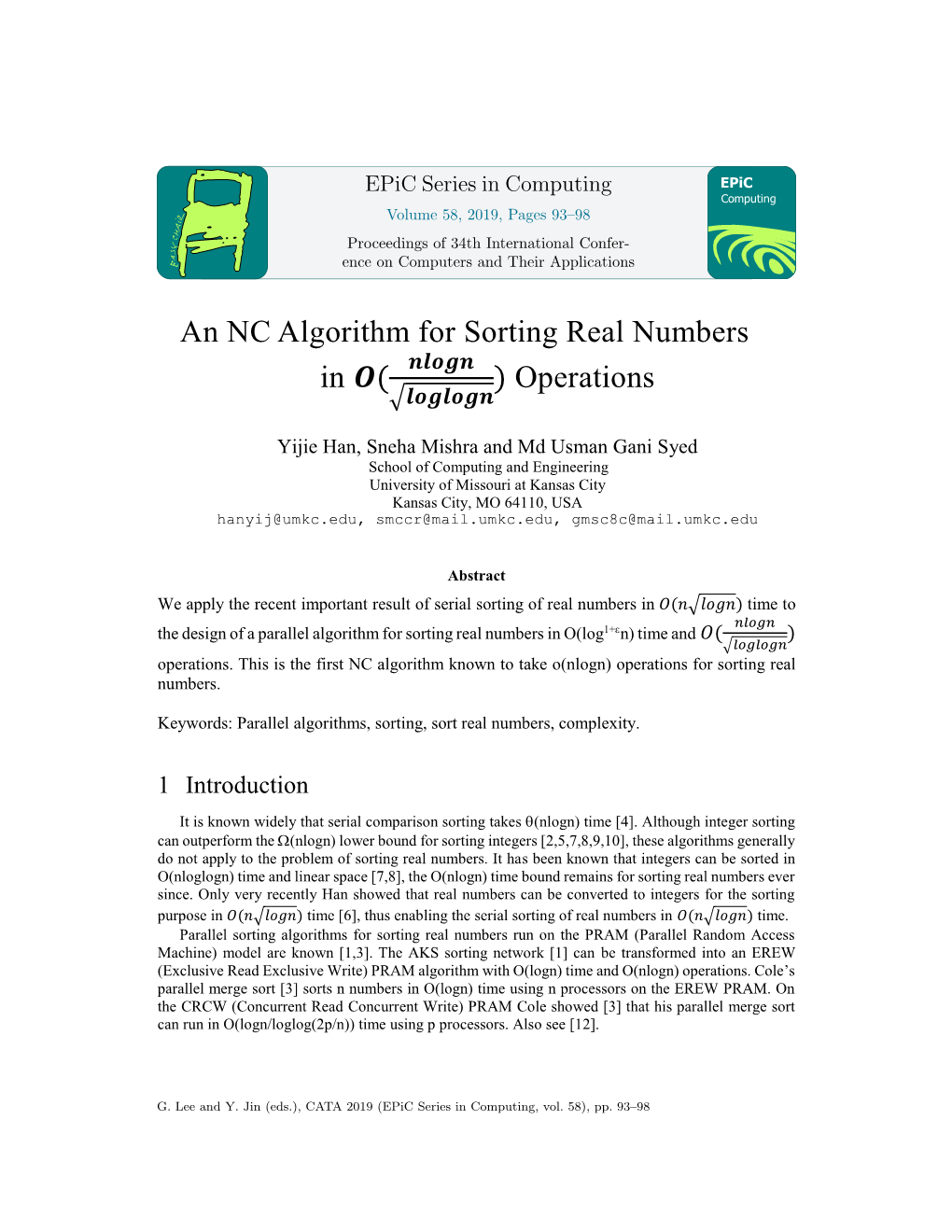 An NC Algorithm for Sorting Real Numbers in ( ) Operations