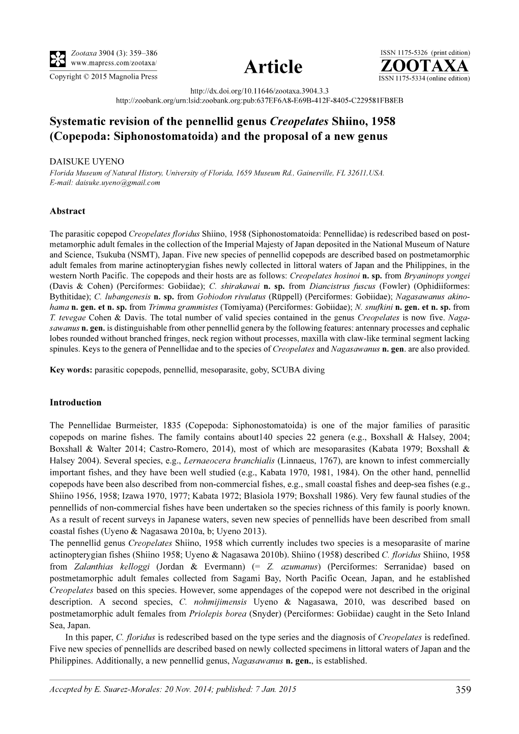 Copepoda: Siphonostomatoida) and the Proposal of a New Genus