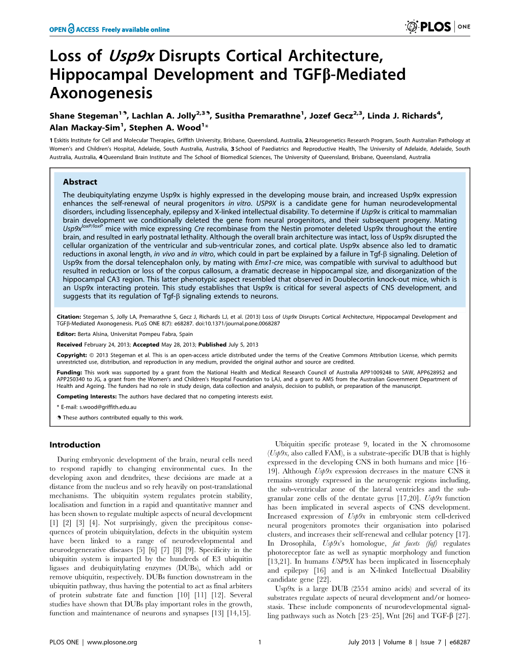 Loss of Usp9x Disrupts Cortical Architecture, Hippocampal Development and Tgfb-Mediated Axonogenesis