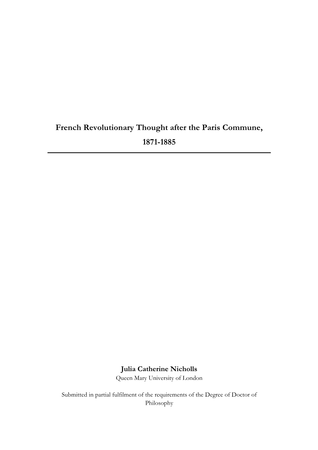 French Revolutionary Thought After the Paris Commune, 1871-1885