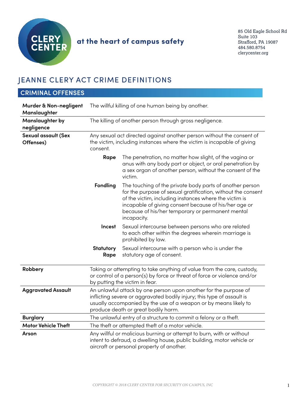 Jeanne Clery Act Crime Definitions Criminal Offenses