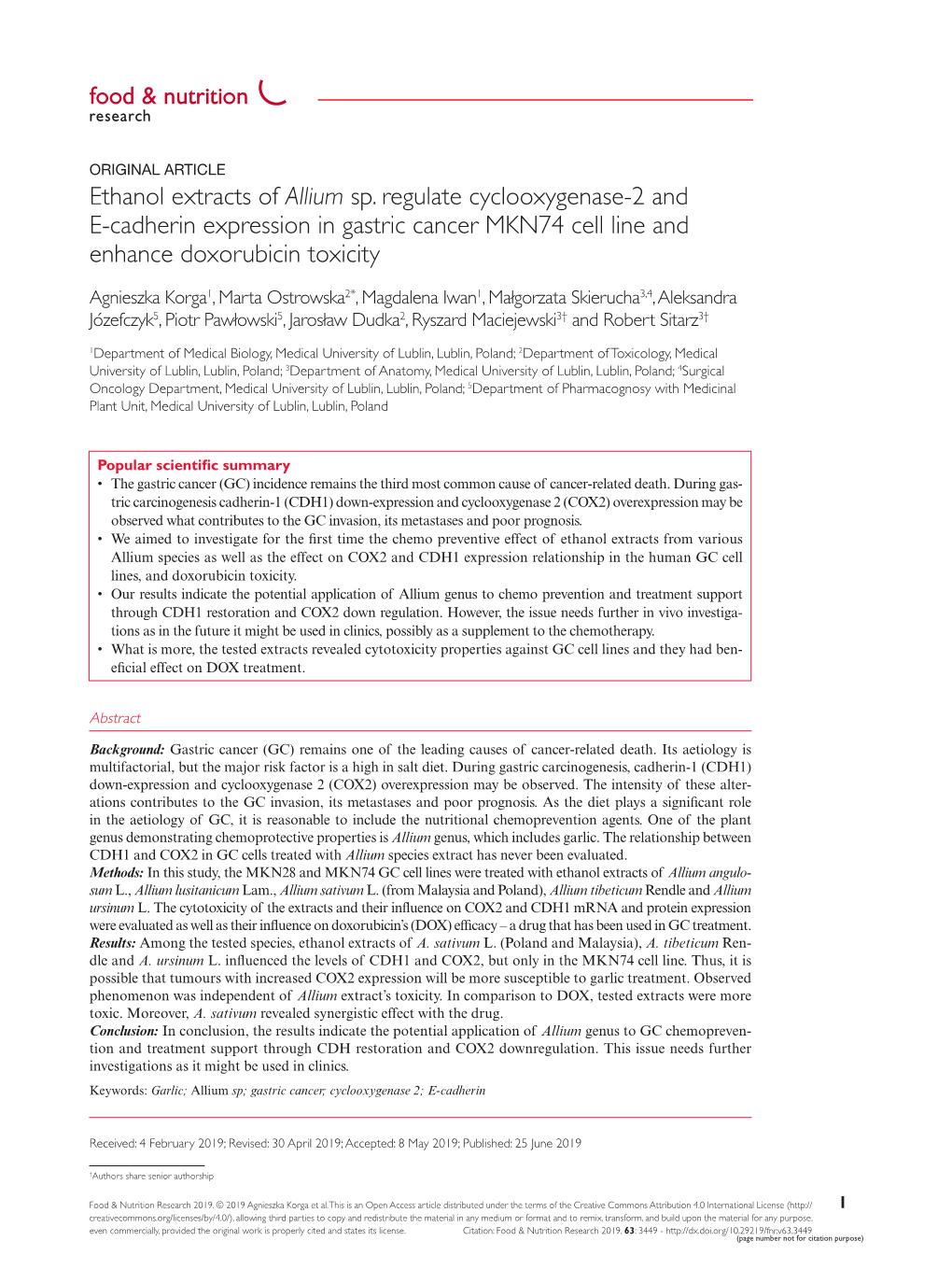 Ethanol Extracts of Allium Sp. Regulate Cyclooxygenase-2 and E-Cadherin Expression in Gastric Cancer MKN74 Cell Line and Enhance Doxorubicin Toxicity