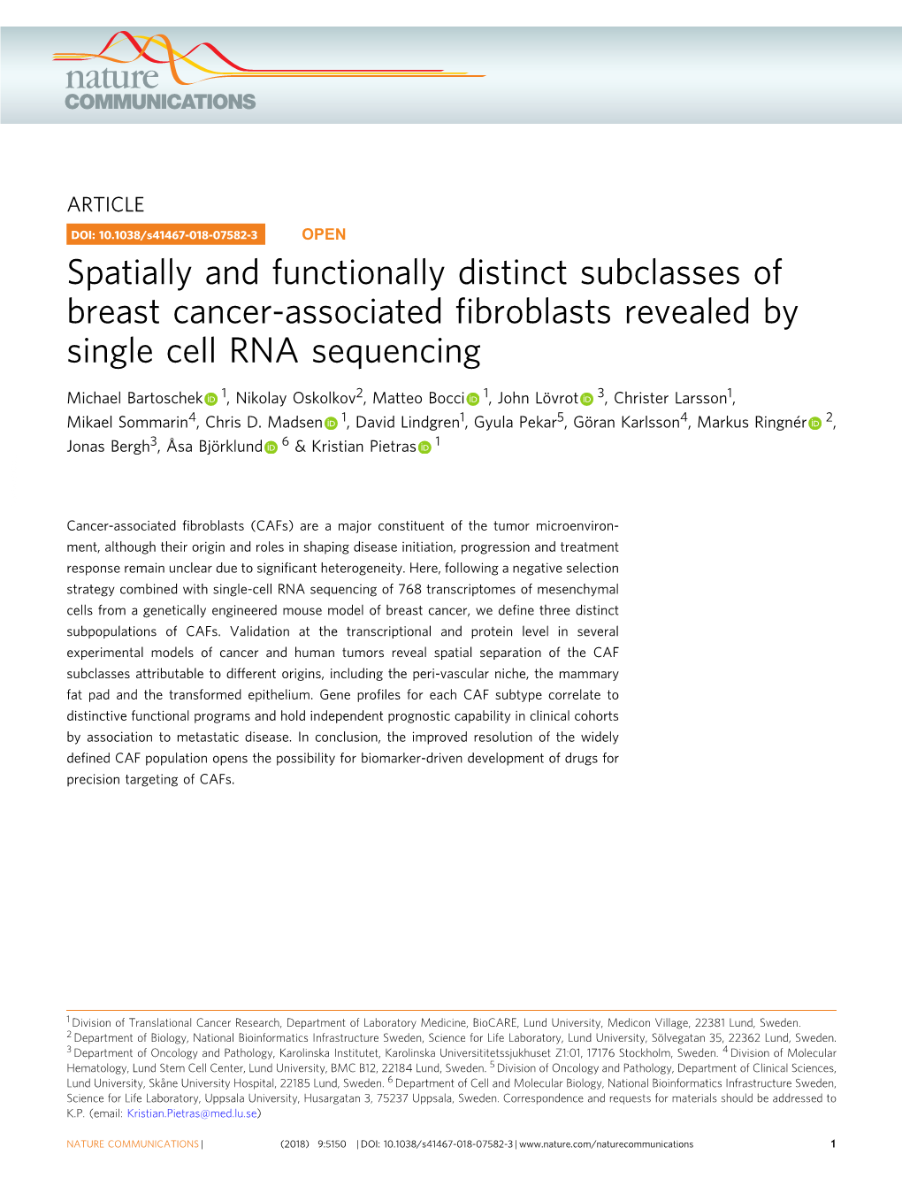 Spatially and Functionally Distinct Subclasses of Breast Cancer-Associated ﬁbroblasts Revealed by Single Cell RNA Sequencing