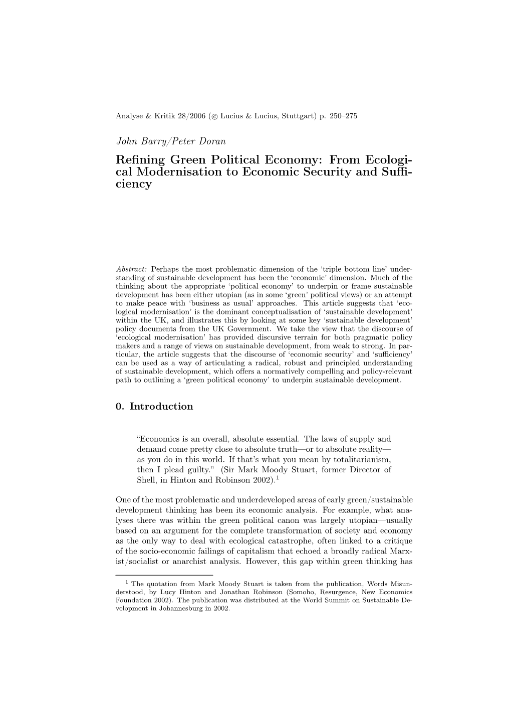 Refining Green Political Economy: from Ecologi- Cal Modernisation To