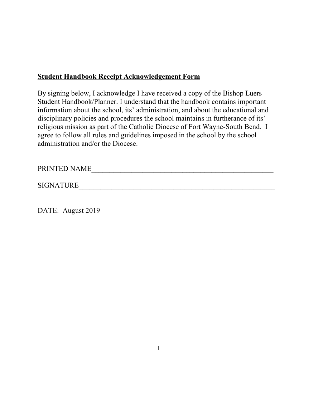 Student Handbook Receipt Acknowledgement Form by Signing