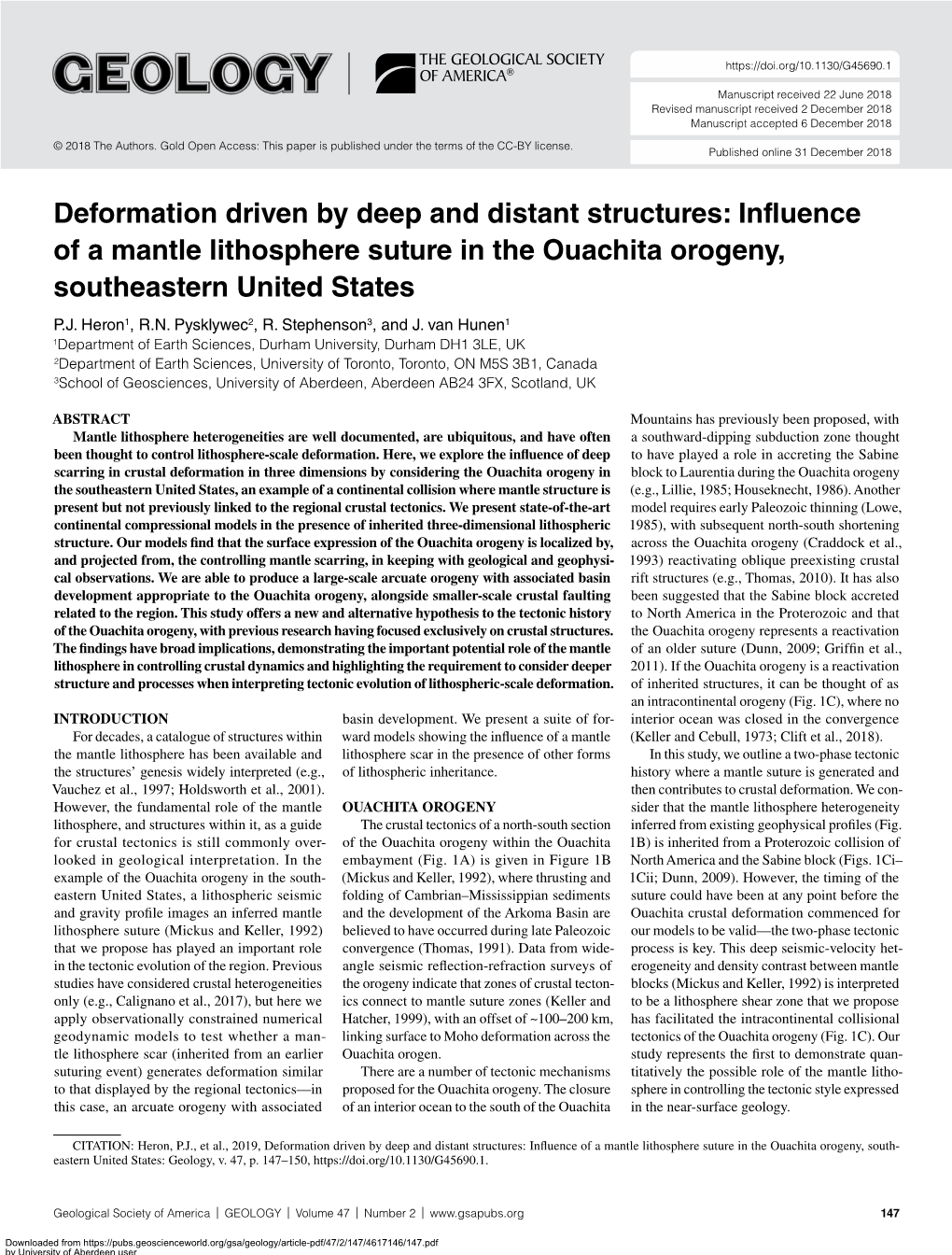 Deformation Driven by Deep and Distant Structures: Influence of a Mantle Lithosphere Suture in the Ouachita Orogeny, Southeastern United States P.J