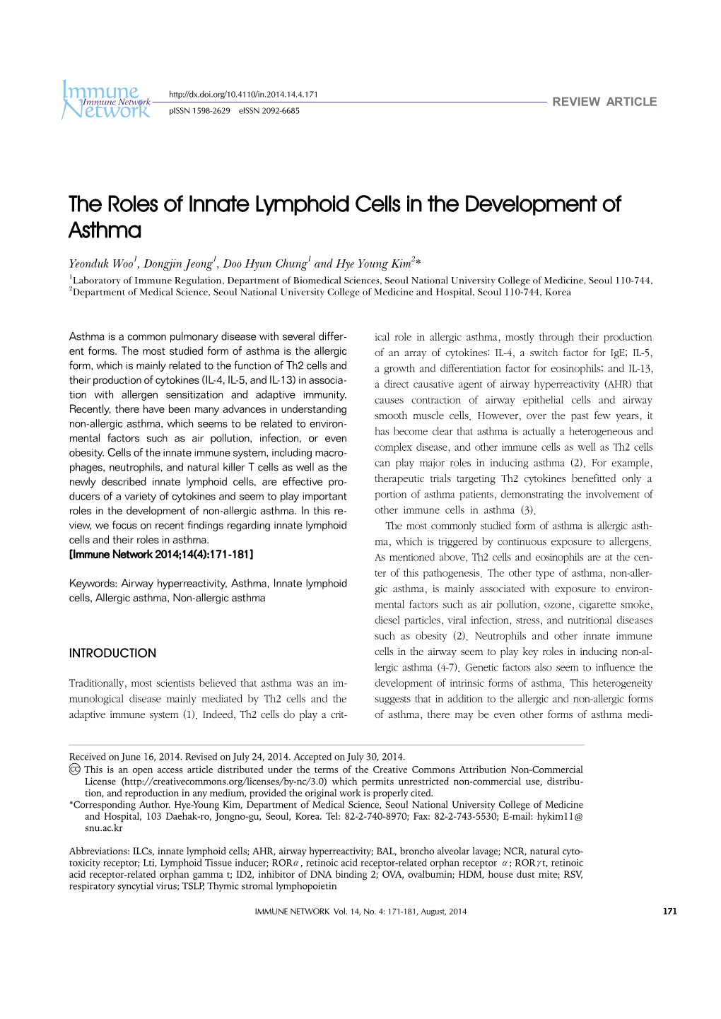 The Roles of Innate Lymphoid Cells in the Development of Asthma
