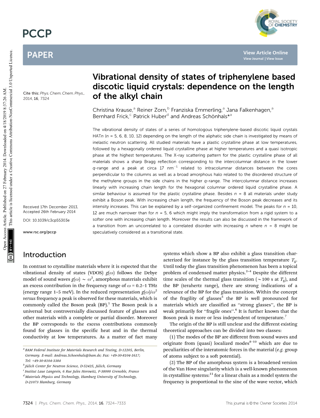 Vibrational Density of States of Triphenylene Based Discotic Liquid Crystals: Dependence on the Length of the Alkyl Chain PAPER