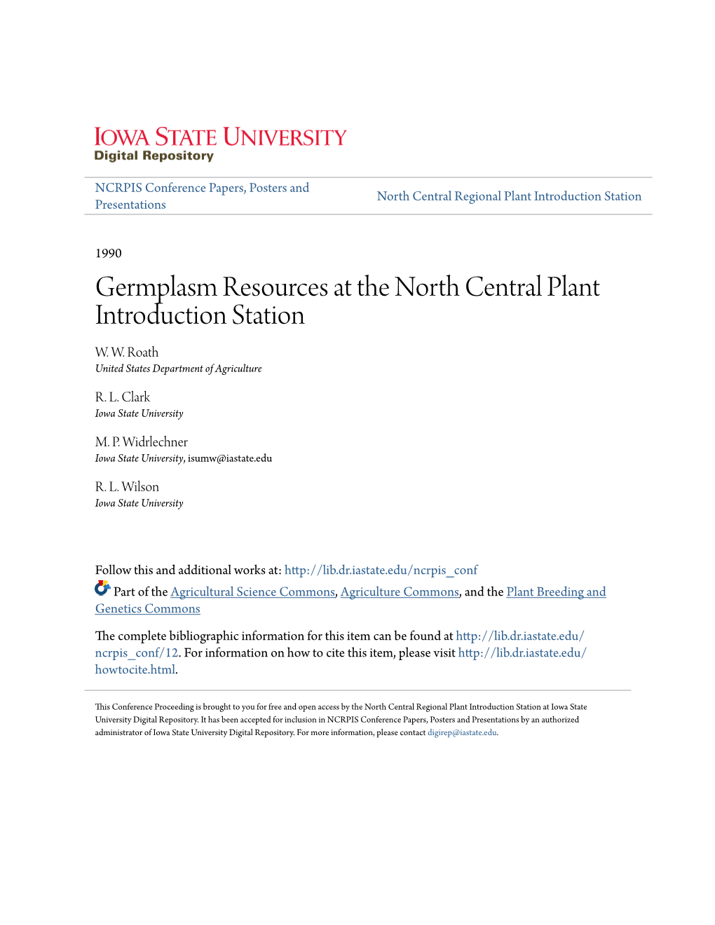 Germplasm Resources at the North Central Plant Introduction Station W