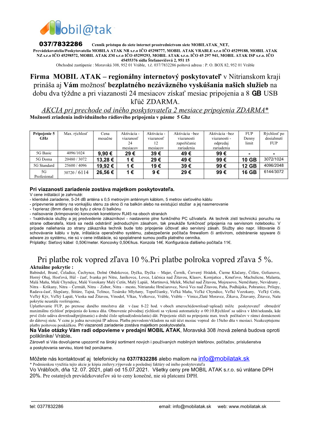 Cenník Pripojenia V Obciach (5Ghz Pripojenie)