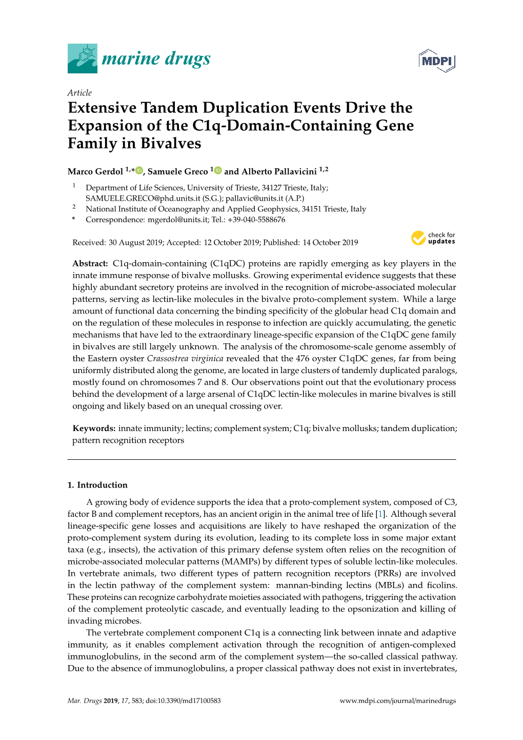 Extensive Tandem Duplication Events Drive the Expansion of the C1q-Domain-Containing Gene Family in Bivalves