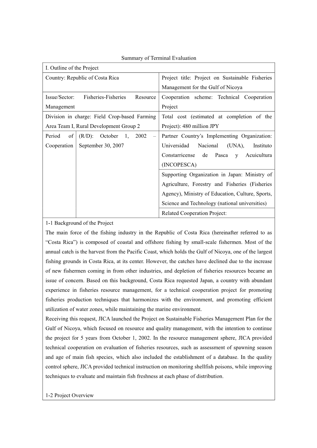 Summary of Terminal Evaluation I. Outline of the Project Country: Republic of Costa Rica Project Title: Project on Sustainable F