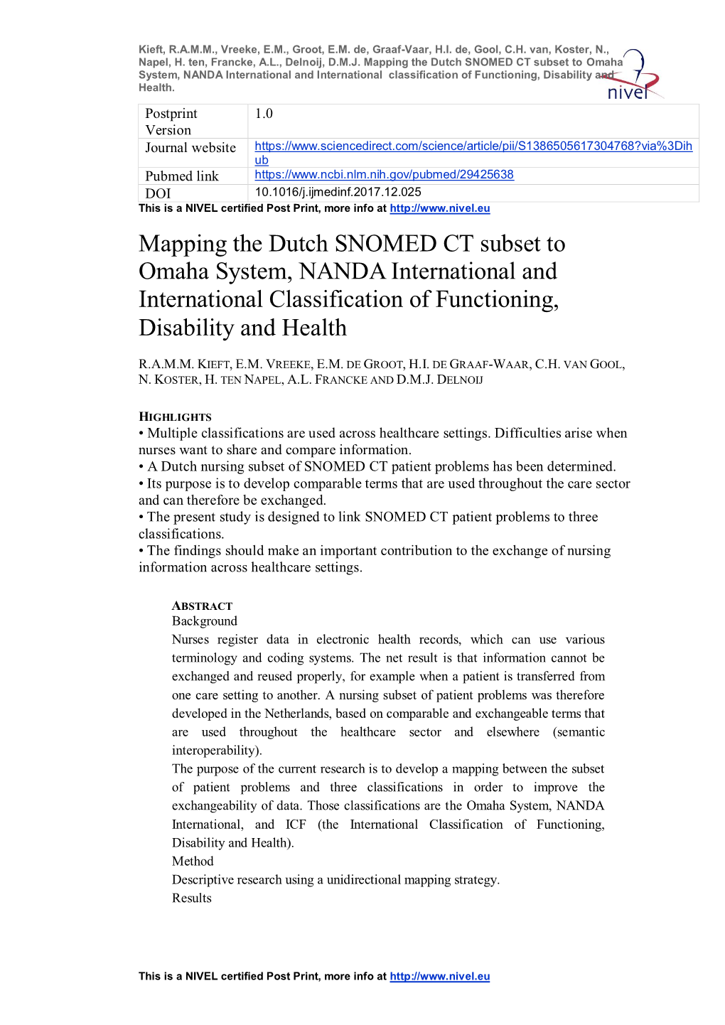 Mapping the Dutch SNOMED CT Subset to Omaha System, NANDA International and International Classification of Functioning, Disability and Health