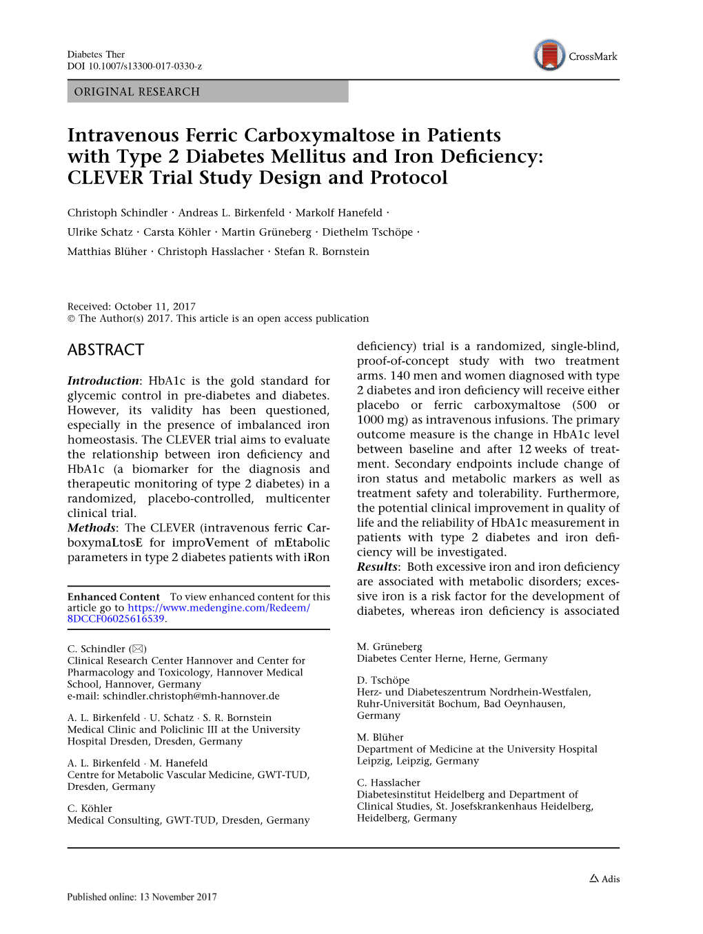 Intravenous Ferric Carboxymaltose in Patients with Type 2 Diabetes Mellitus and Iron Deﬁciency: CLEVER Trial Study Design and Protocol