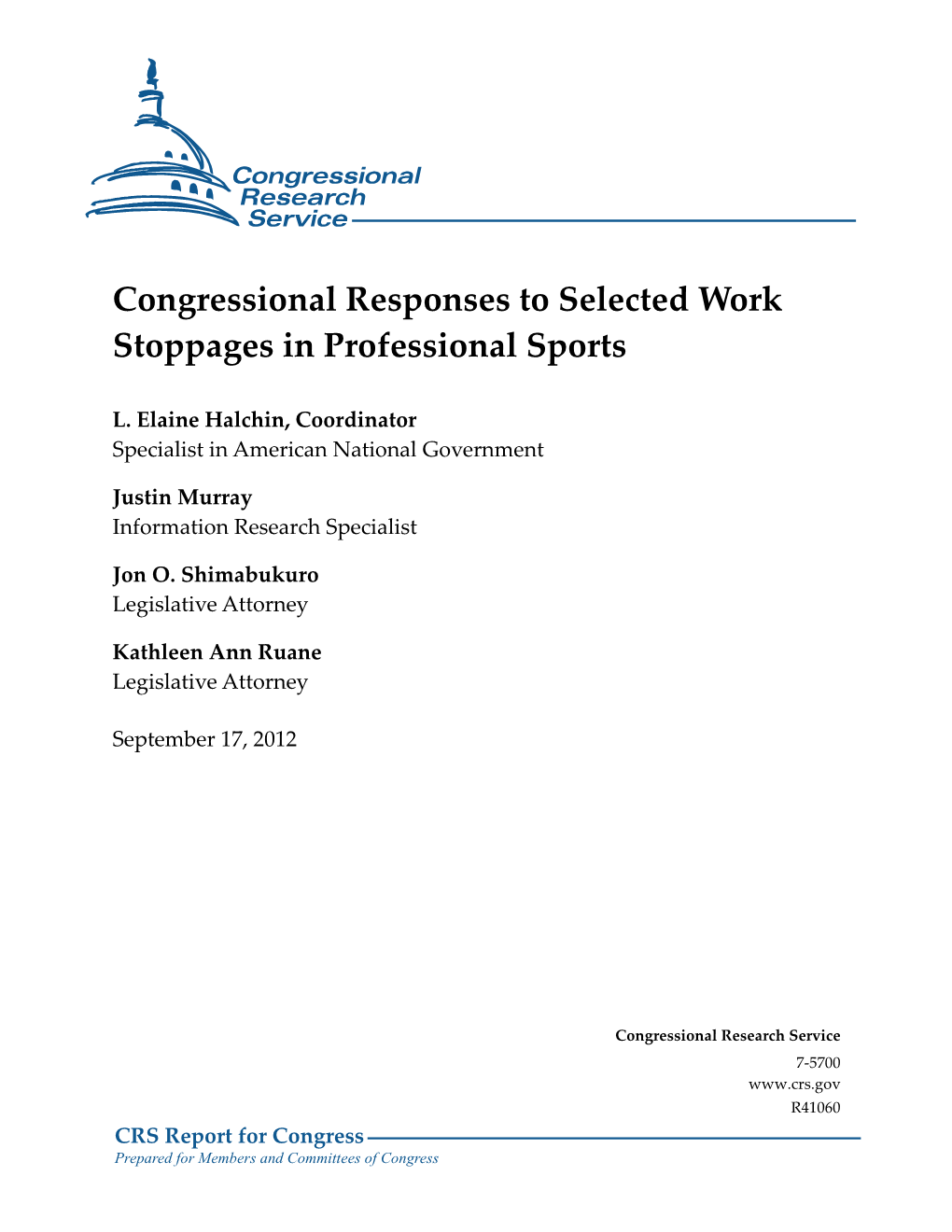 Congressional Responses to Selected Work Stoppages in Professional Sports