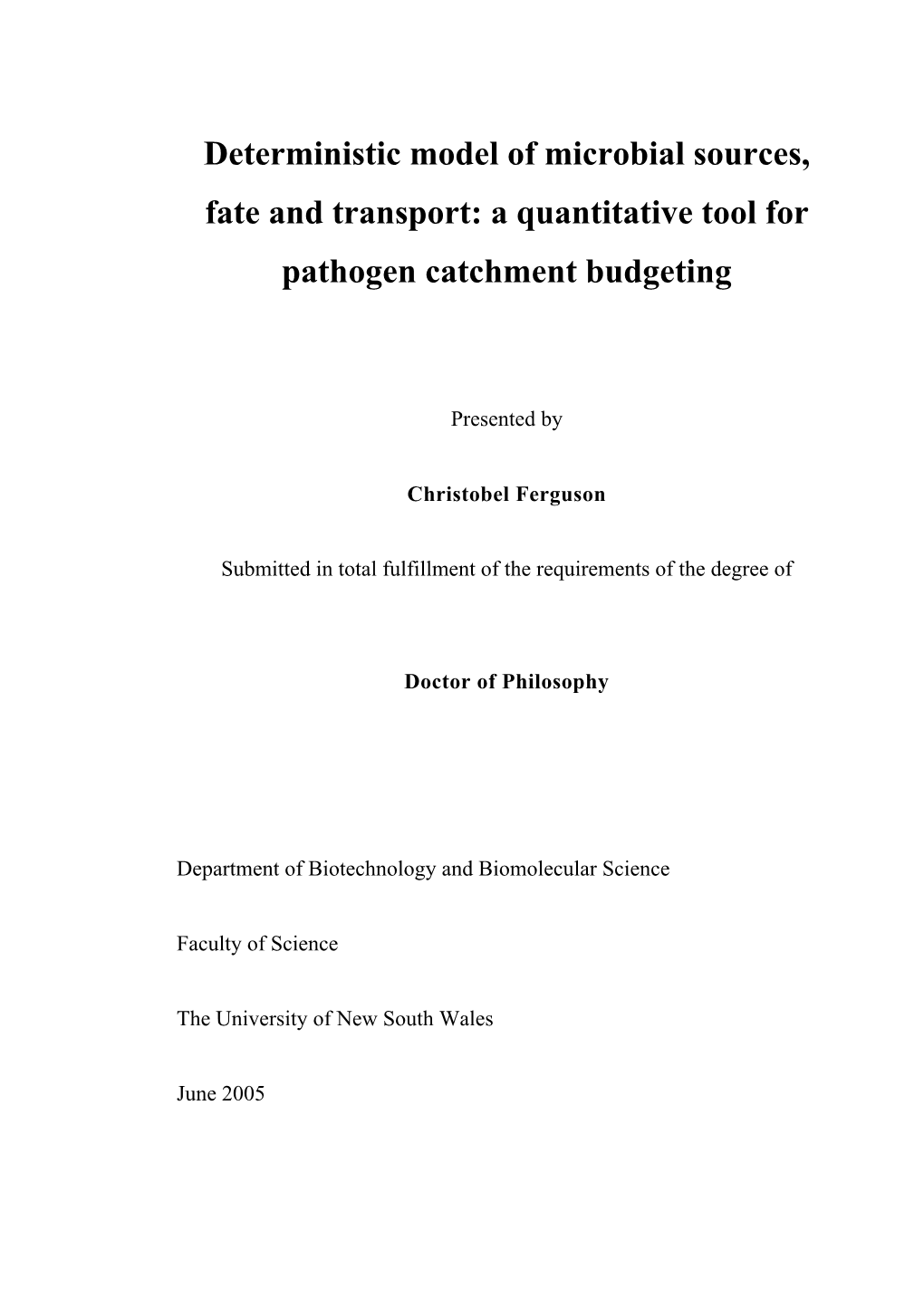 Construction of Pathogen Budgets for Sydney Drinking Water Catchments