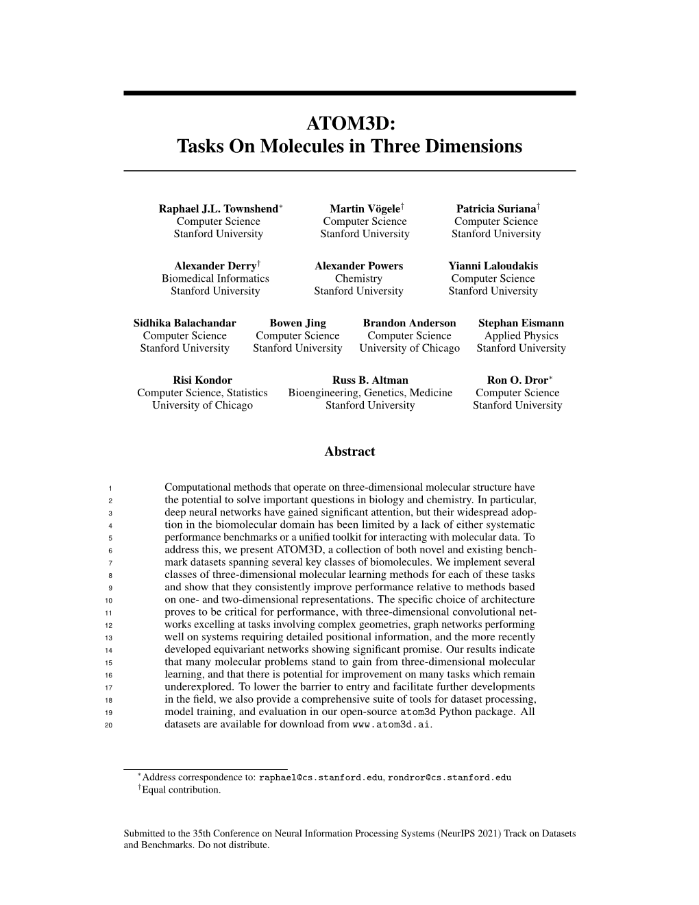 ATOM3D: Tasks on Molecules in Three Dimensions