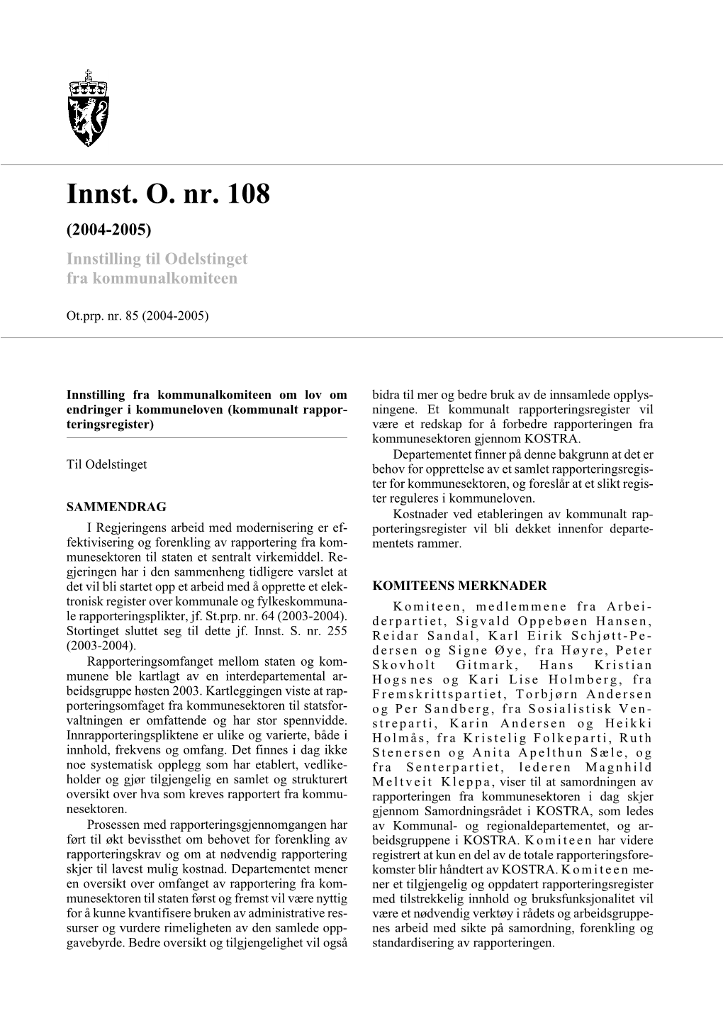 Innst. O. Nr. 108 (2004-2005) Innstilling Til Odelstinget Fra Kommunalkomiteen